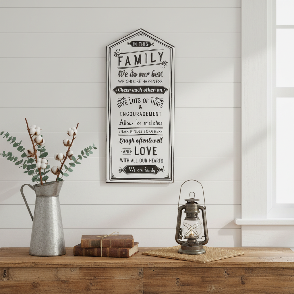 Family Rules Wall Sign displayed in rustic farmhouse home setting with shiplap wall