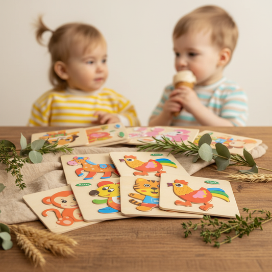 Colorful wooden 3D animal puzzles on a natural wood surface with babies playing in the background