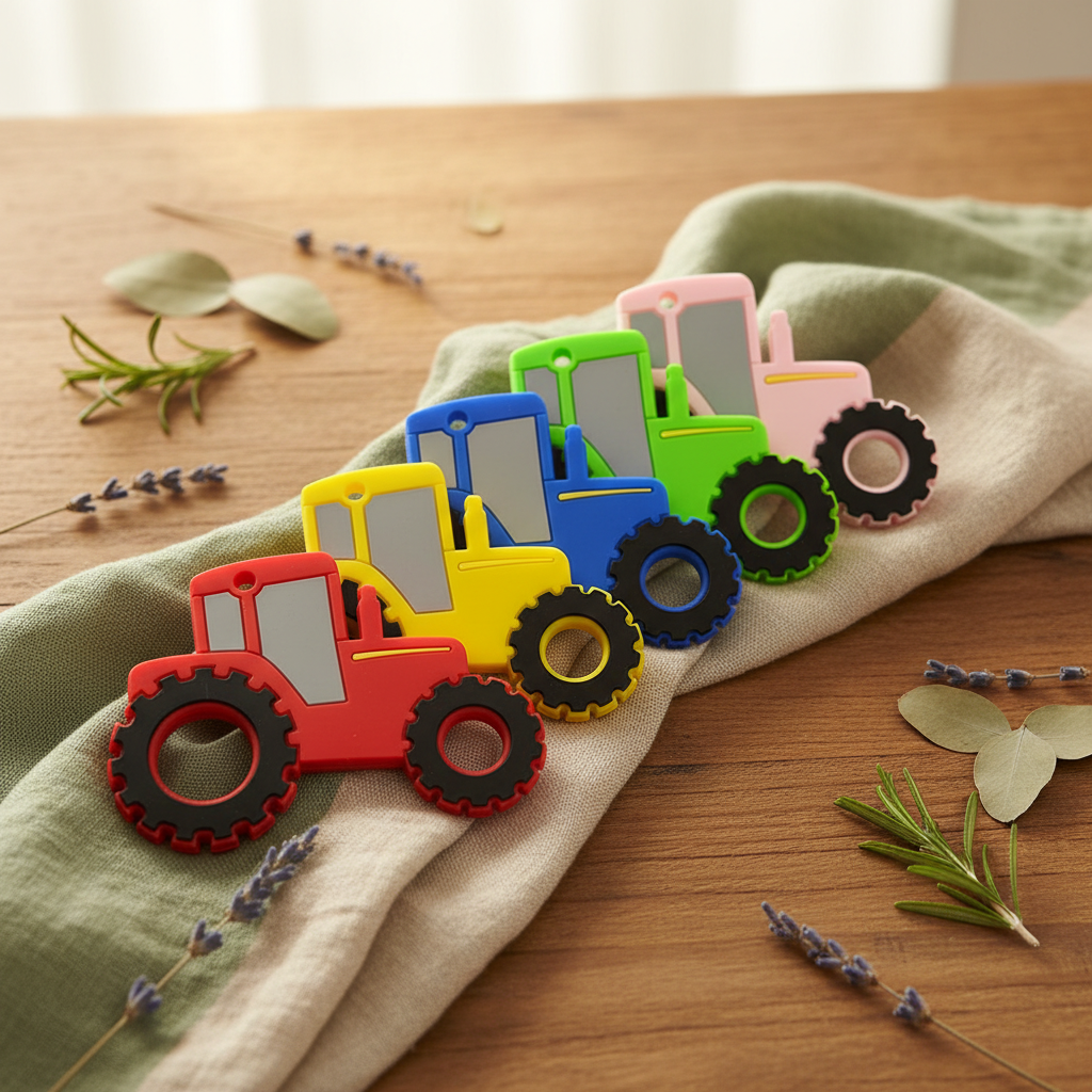 Silicone baby teether toy in car shape on a warm natural wood surface with soft linen and dried botanicals