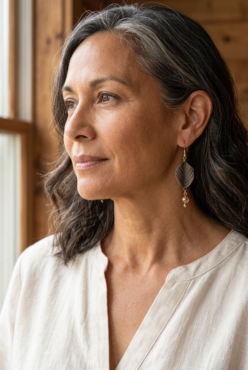 Woman wearing an antiqued leaf dangle earring with a rose-champagne glass bead drop and gold accents