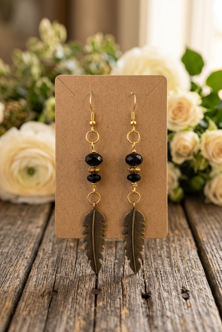 Handmade black bead feather earrings with decorative gold accents displayed on a kraft jewelry card