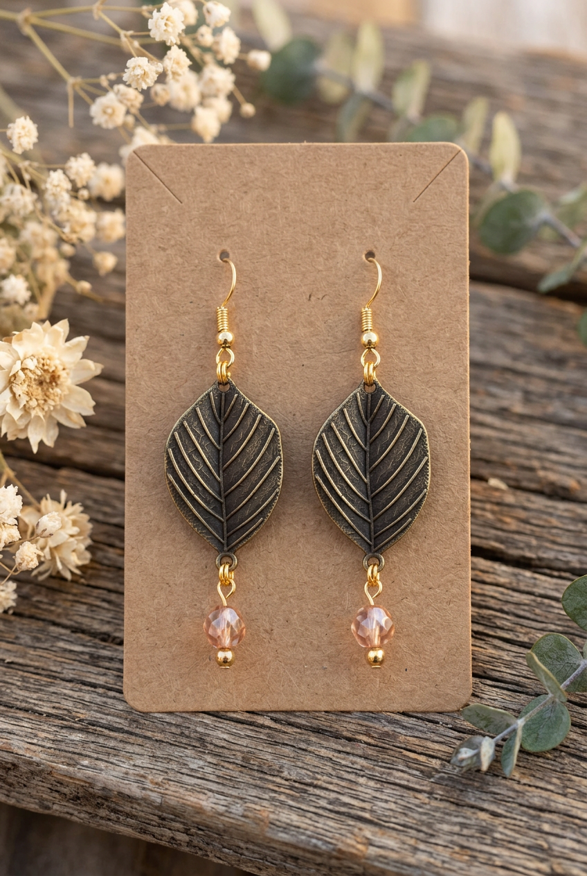 Handmade antiqued leaf earrings with rose-champagne glass bead drops and gold accents displayed on a kraft jewelry card