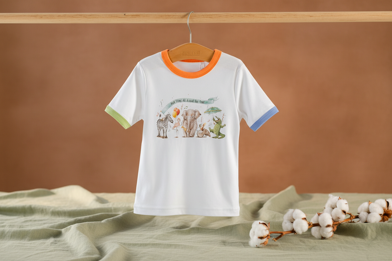 And They All Asked for You organic cotton kids t-shirt on warm earthy sage linen surface
