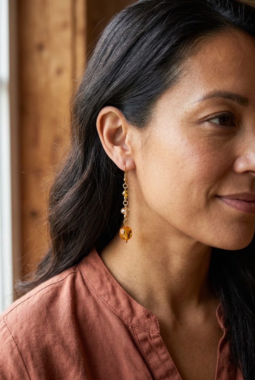 Woman wearing a three-bead glass dangle earring in amber, champagne, and golden-yellow tones with gold links