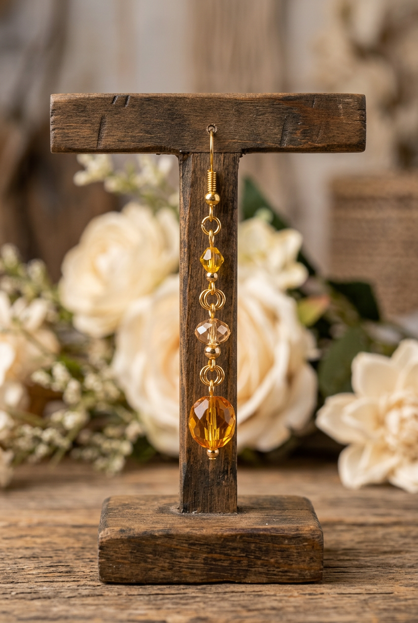 Amber and champagne glass bead earring with gold double hoop connectors hanging from a rustic wooden jewelry stand
