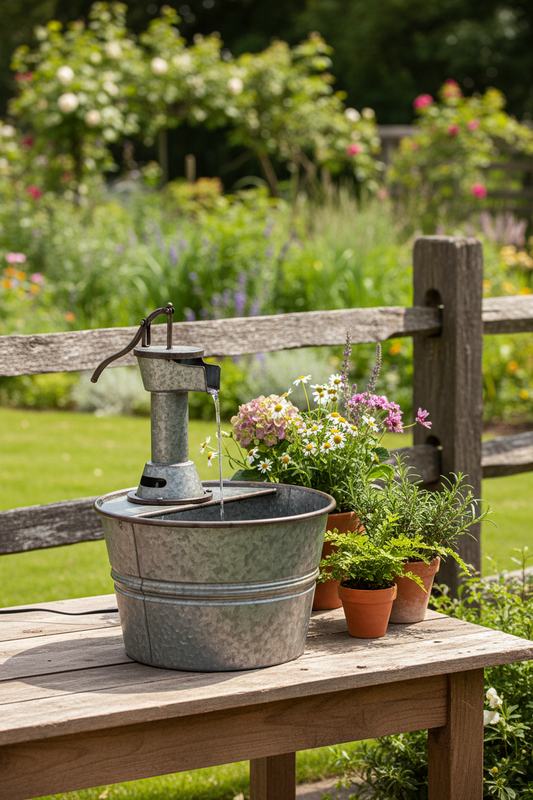 Galvanized faucet fountain on rustic table with garden backdrop