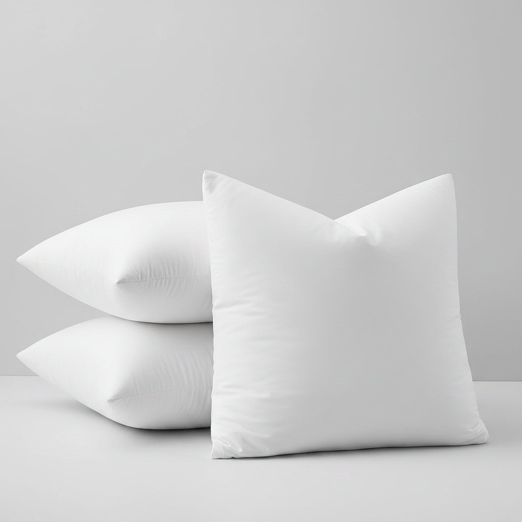 Luxury 22x22 white goose feather down pillow inserts stacked on a soft grey-white background – clean product shot