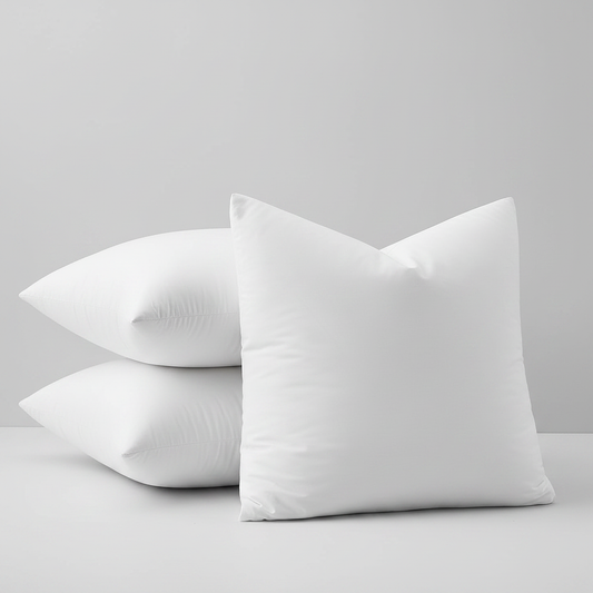 Luxury 22x22 white goose feather down pillow inserts stacked on a soft grey-white background – clean product shot