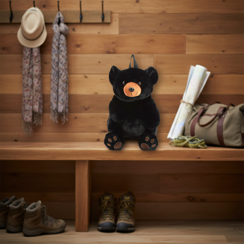 Black bear plush backpack lifestyle shot showing soft plush exterior and lifelike bear design perfect for kids by GoodStuff Co