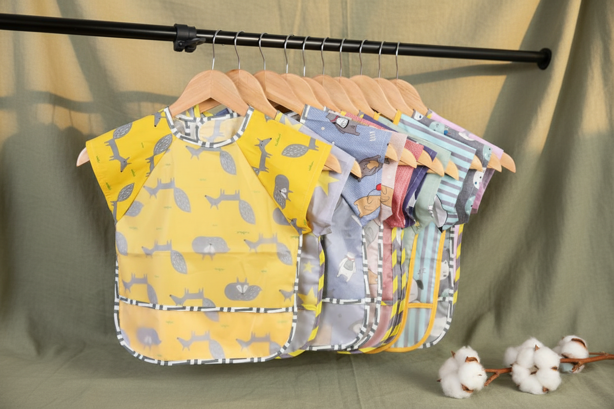 Eco friendly waterproof washable cotton baby bib with cartoon print on warm earthy sage linen surface