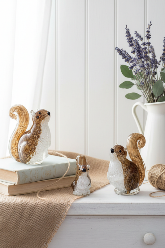 Glass squirrel figurines with rustic books, burlap and twine in French farmhouse setting