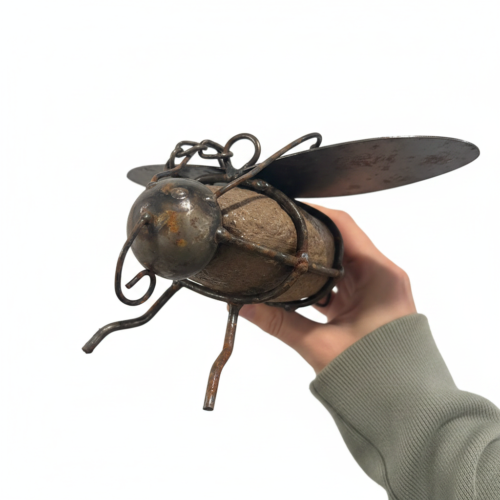 River rock bumble bee garden hanger with custom hand-formed metal wings and heavy hanging chain, weathered patina finish actual size
