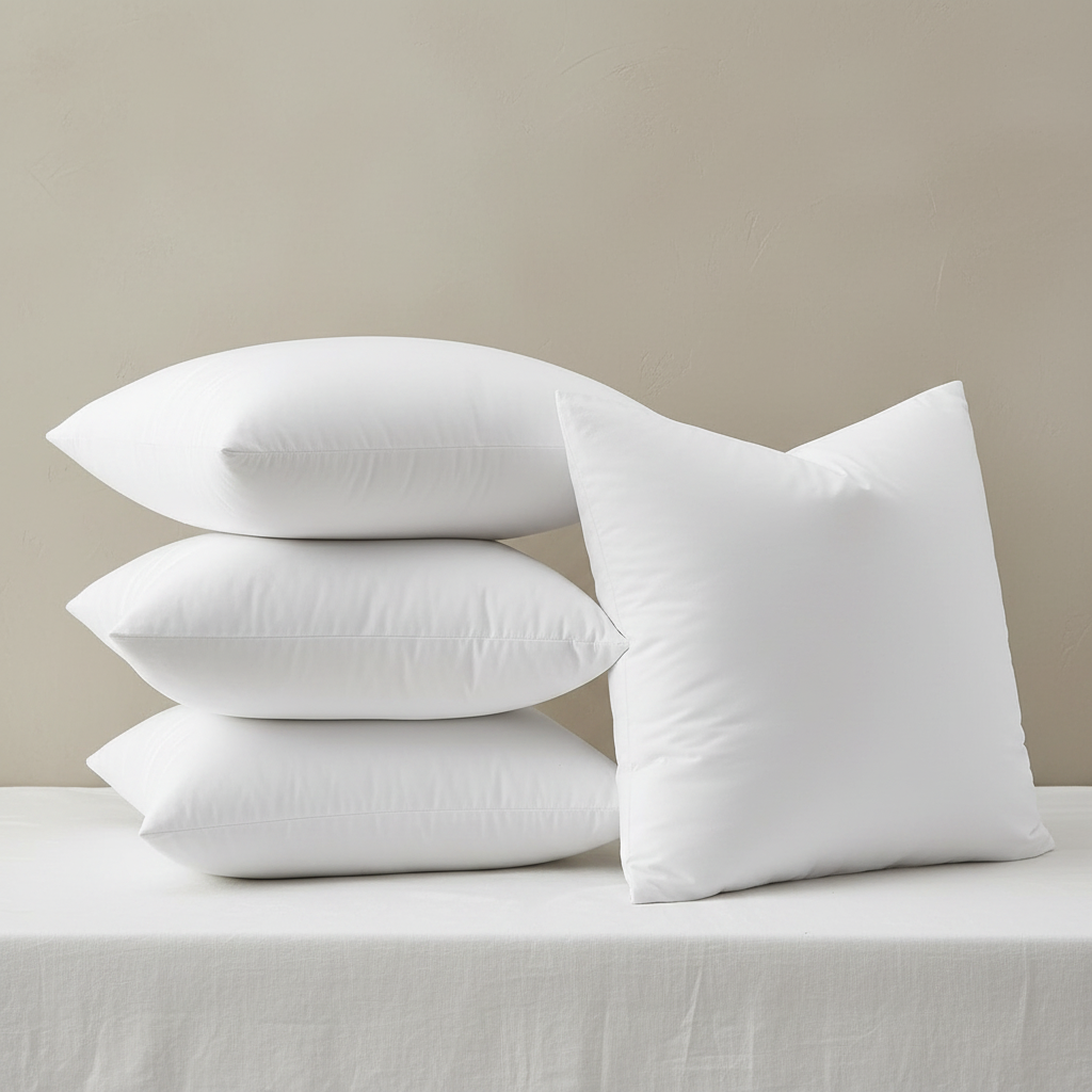 Interior Linens 20x20 white goose down pillow inserts stacked and standing upright showing plump, full square shape and knife-edge construction
