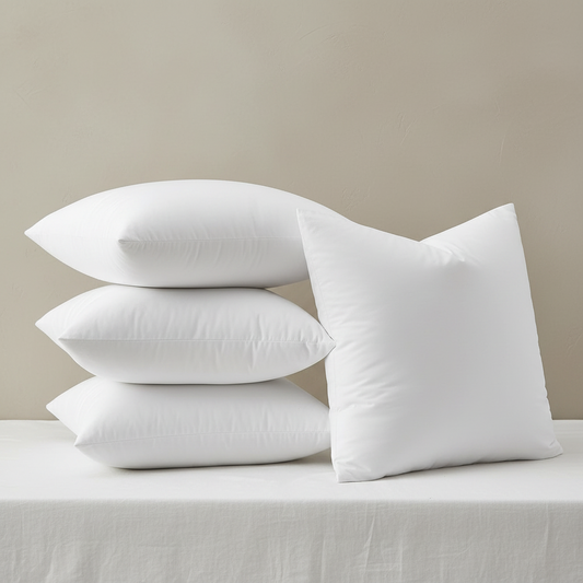 Interior Linens 20x20 white goose down pillow inserts stacked and standing upright showing plump, full square shape and knife-edge construction