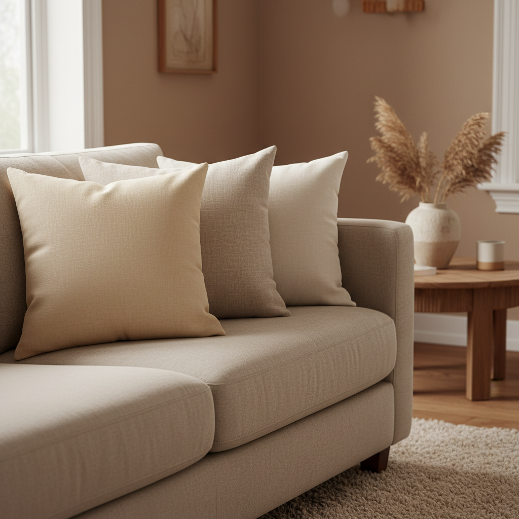 Plump throw pillows in neutral linen covers styled on a cozy sofa, filled with Interior Linens white goose down pillow inserts for a full, structured look