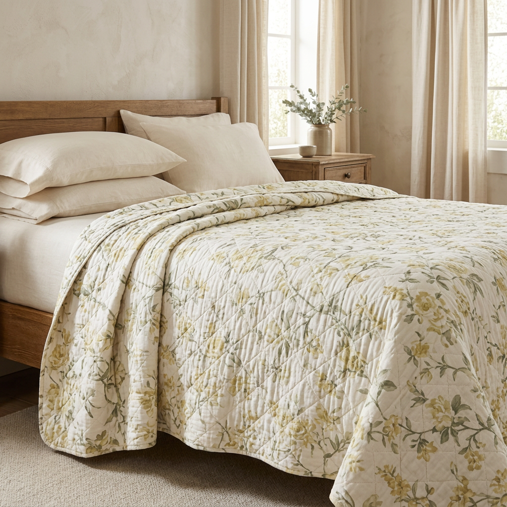 Nostalgia Home Juliette king bedspread with soft yellow flowers and sage-green leaves on ivory, styled on a wooden bed.