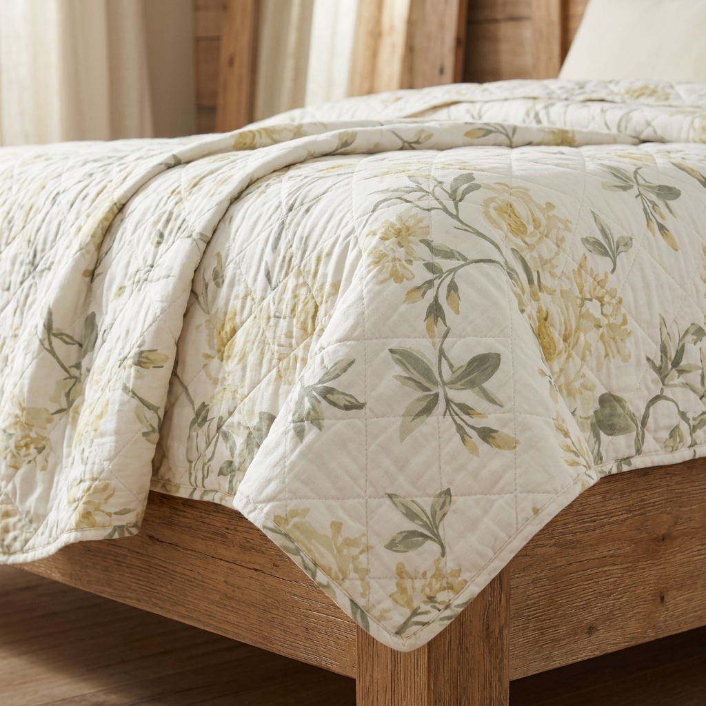 Close-up of the Juliette floral bedspread showing yellow flowers, sage-green leaves, and quilted texture.