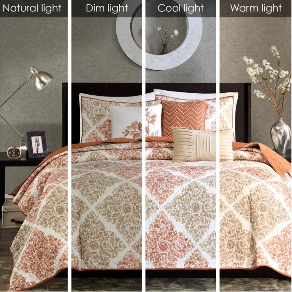Madison Park Claire Spice coverlet set compared under natural, dim, cool, and warm lighting.