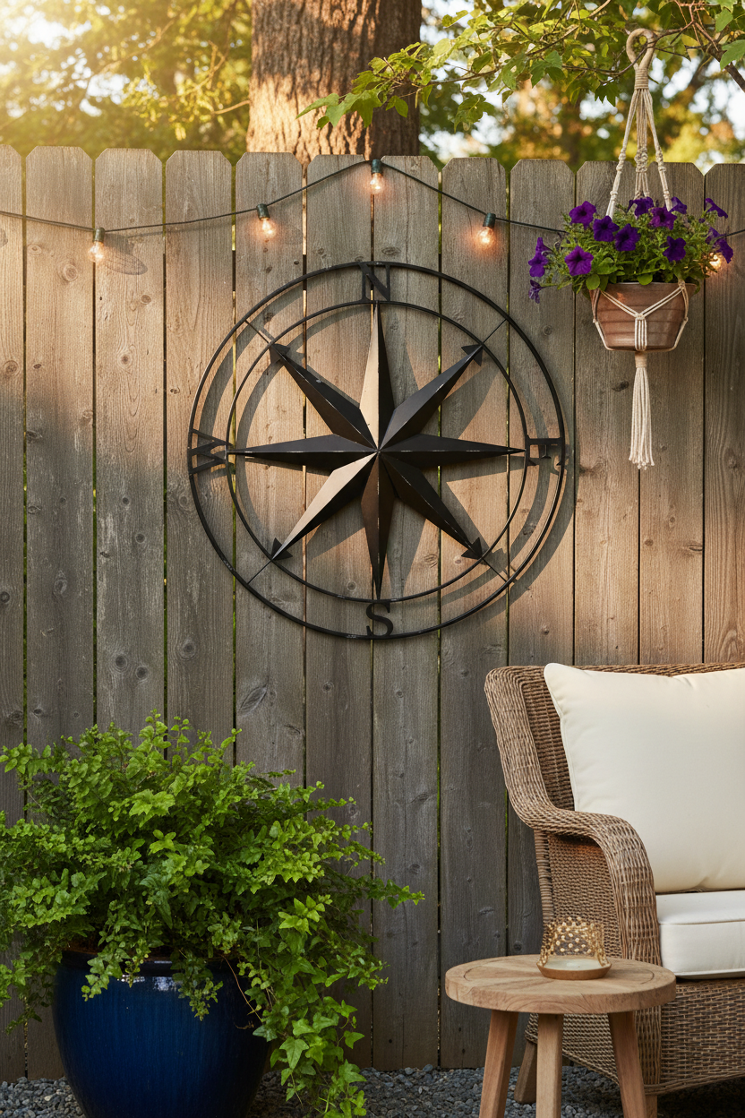 Large Black Metal Compass - Outdoor Patio Setting