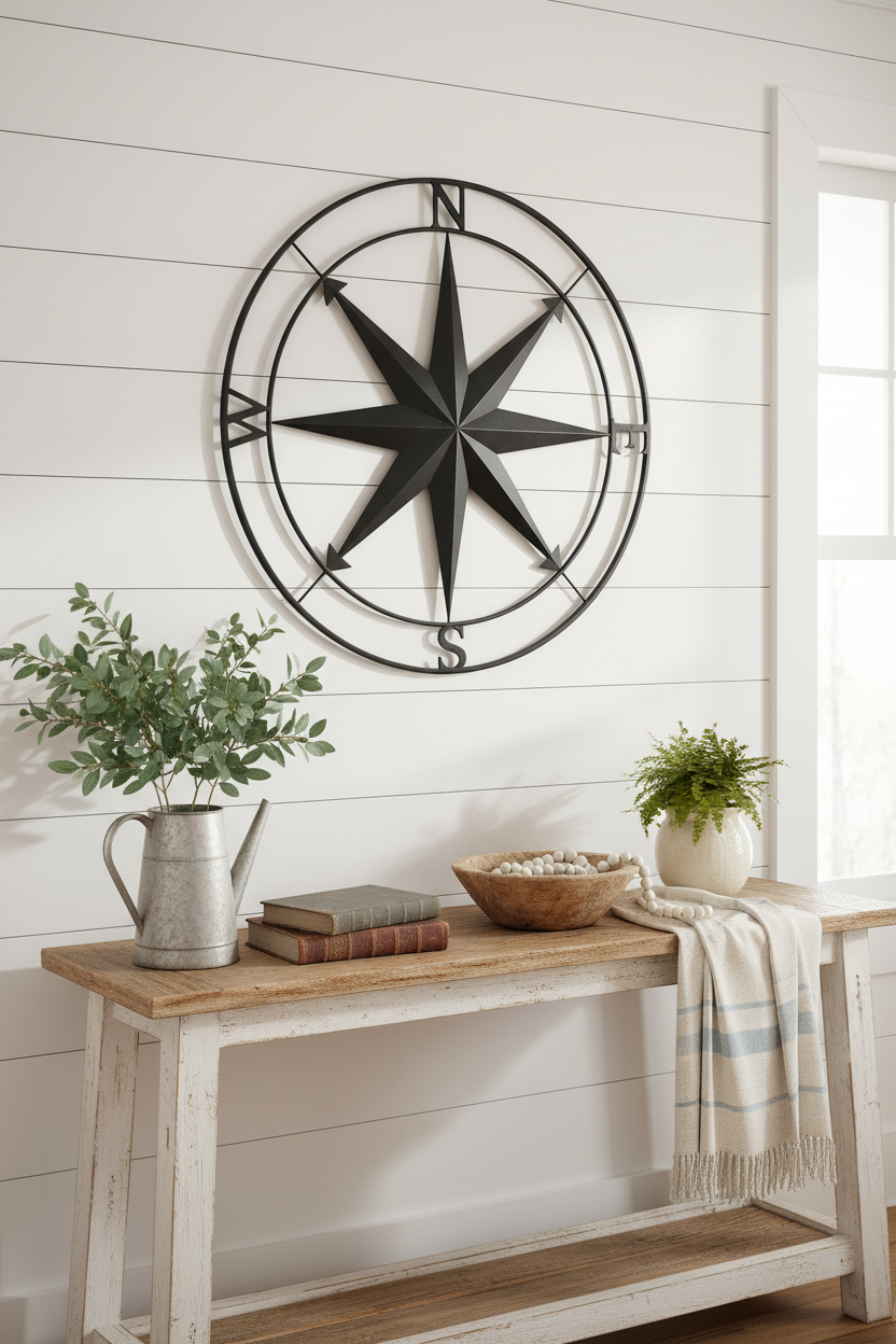 Large Black Metal Compass - Rustic Farmhouse Setting