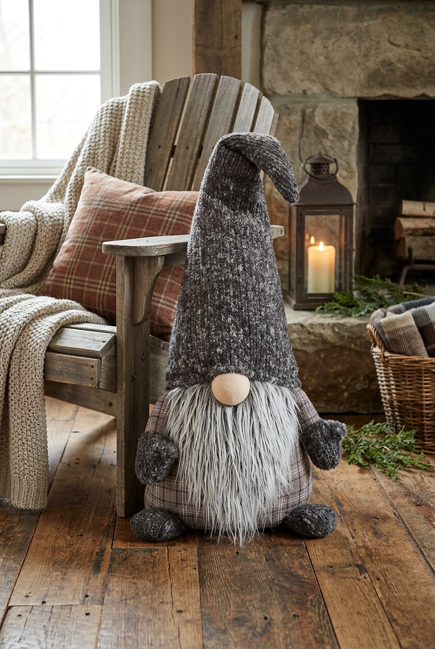 Large gray knit gnome with a plaid body and long gray-and-white beard beside a weathered wooden chair and cozy stone hearth.