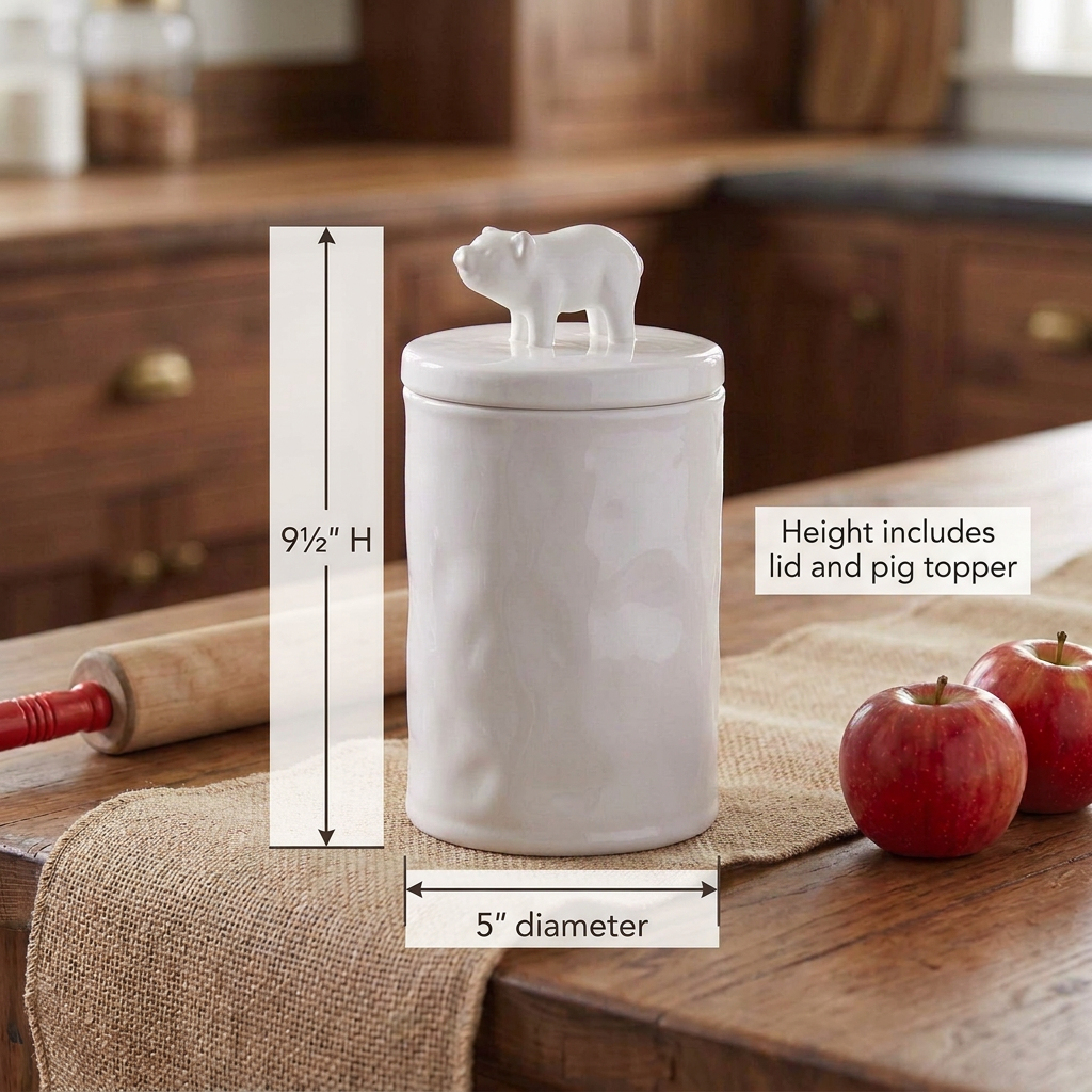 Large white ceramic Piglet Canister measuring 5 inches in diameter and 9½ inches high, including the lid and pig topper