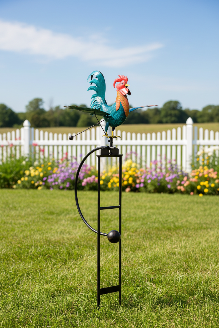 Teal and orange hand-painted metal rooster balance rocker garden stake with red comb, perched on black metal kinetic stake in vegetable garden setting