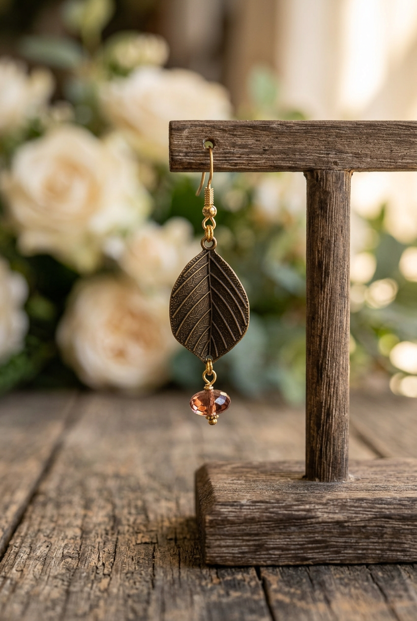 Antiqued leaf earring with detailed veins and a rose-amber glass bead drop hanging from a rustic wooden jewelry stand