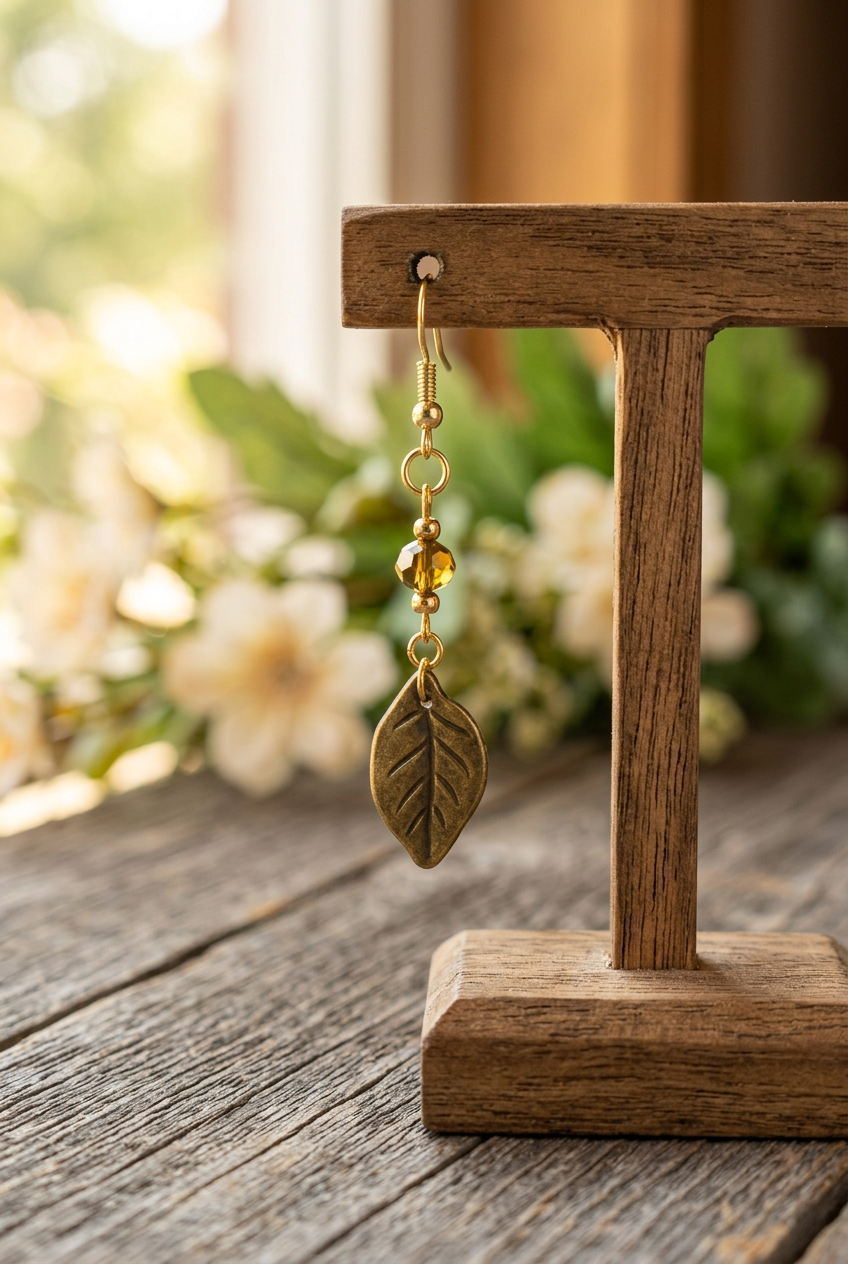 Leaf dangle earring with detailed veins and amber-gold beads hanging from a rustic wooden jewelry stand