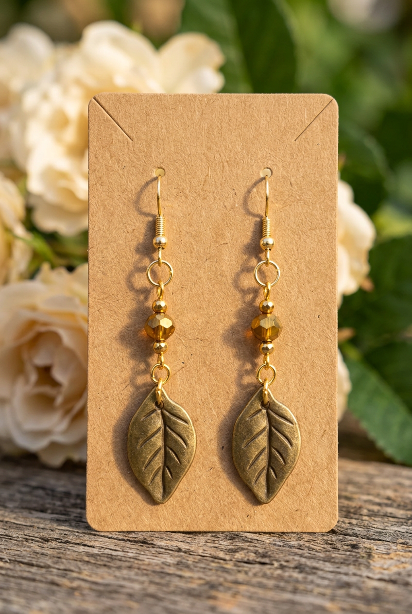 Handmade leaf dangle earrings with antiqued gold-toned leaf charms and amber-gold beads displayed on a kraft jewelry card