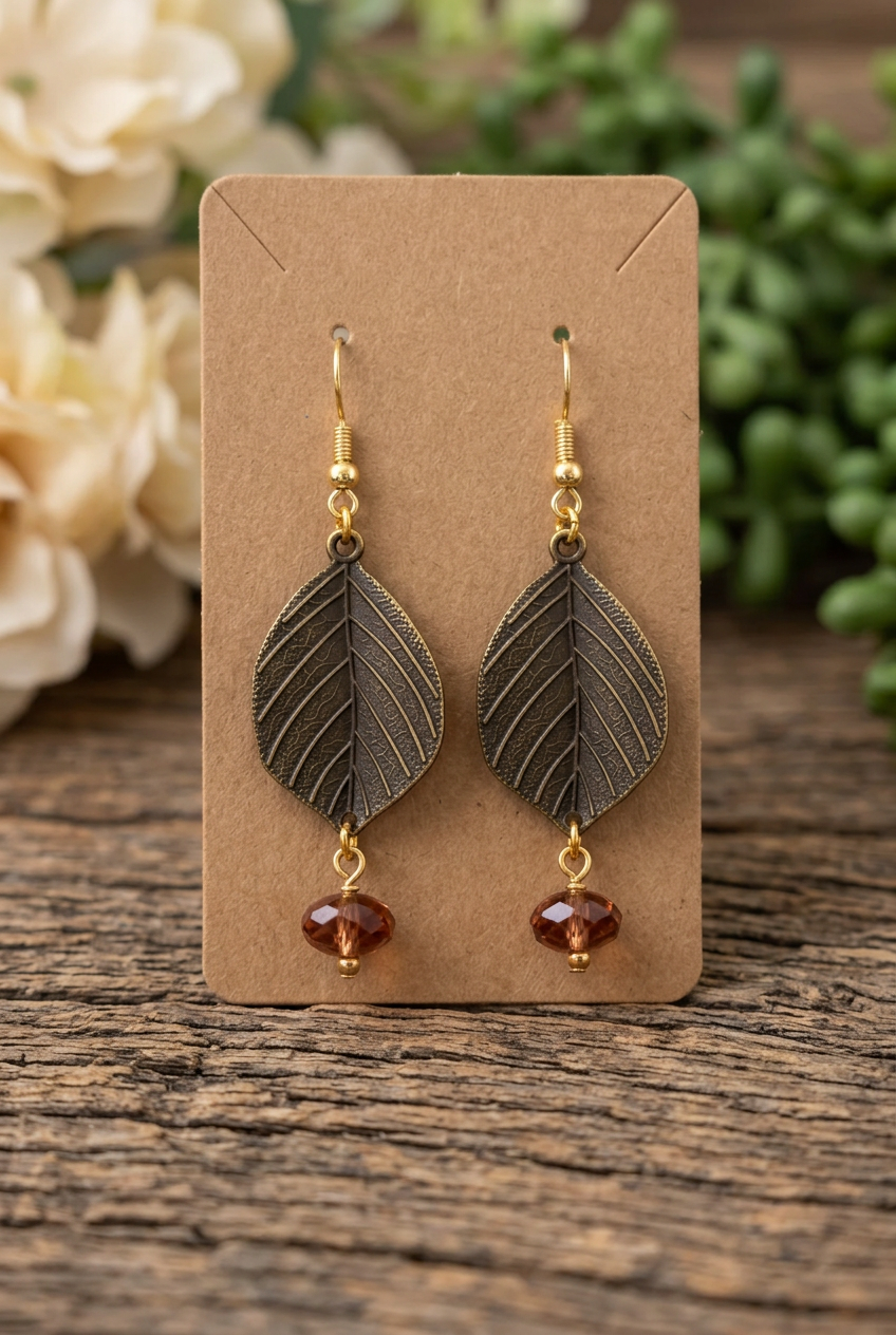Handmade antiqued leaf earrings with rose-amber glass bead drops and gold hooks displayed on a kraft jewelry card