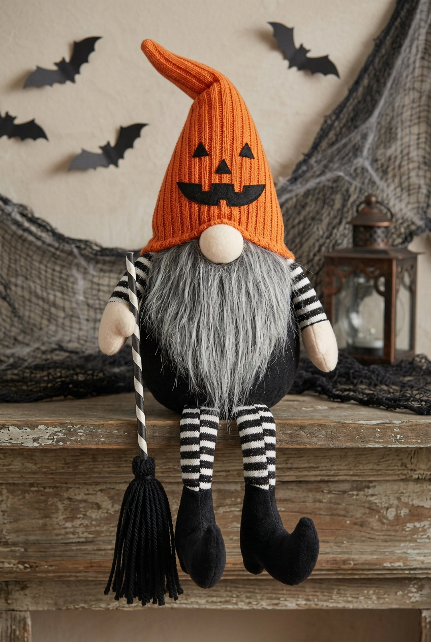 Halloween shelf-sitter gnome with an orange pumpkin hat, gray beard, striped legs, curved black shoes, and a broom, seated on a rustic mantel with bat decorations.