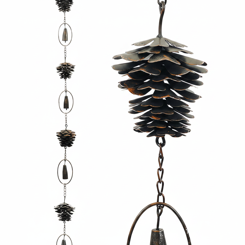 Metal pine cone rain chain in dark bronze finish with pine cone links and bells, 74 inches long, white background