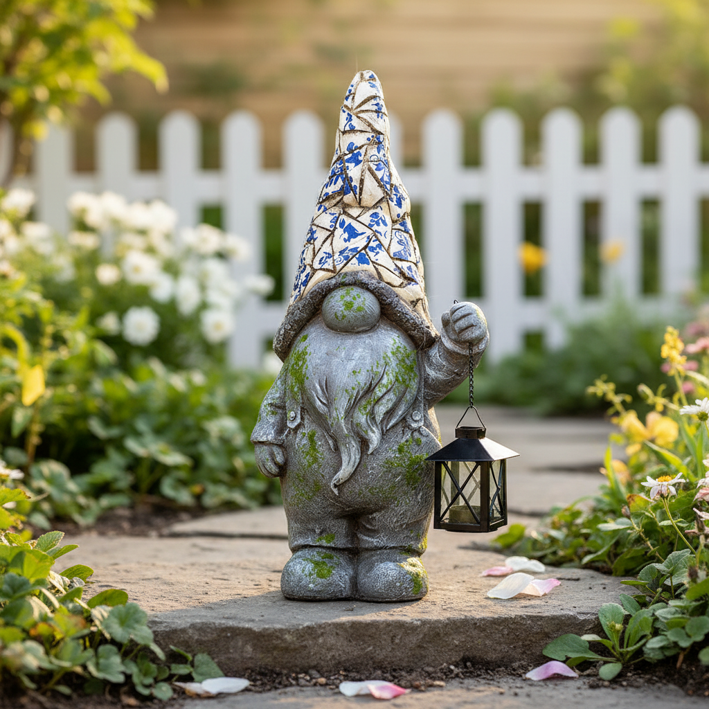 Mosaic Gnome with Lantern - Balanced Garden Setting