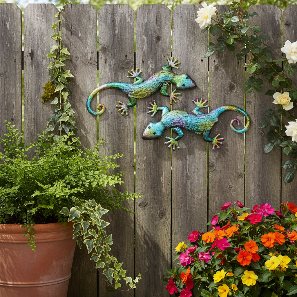 Multicolor Metal Gecko in Outdoor Garden Setting