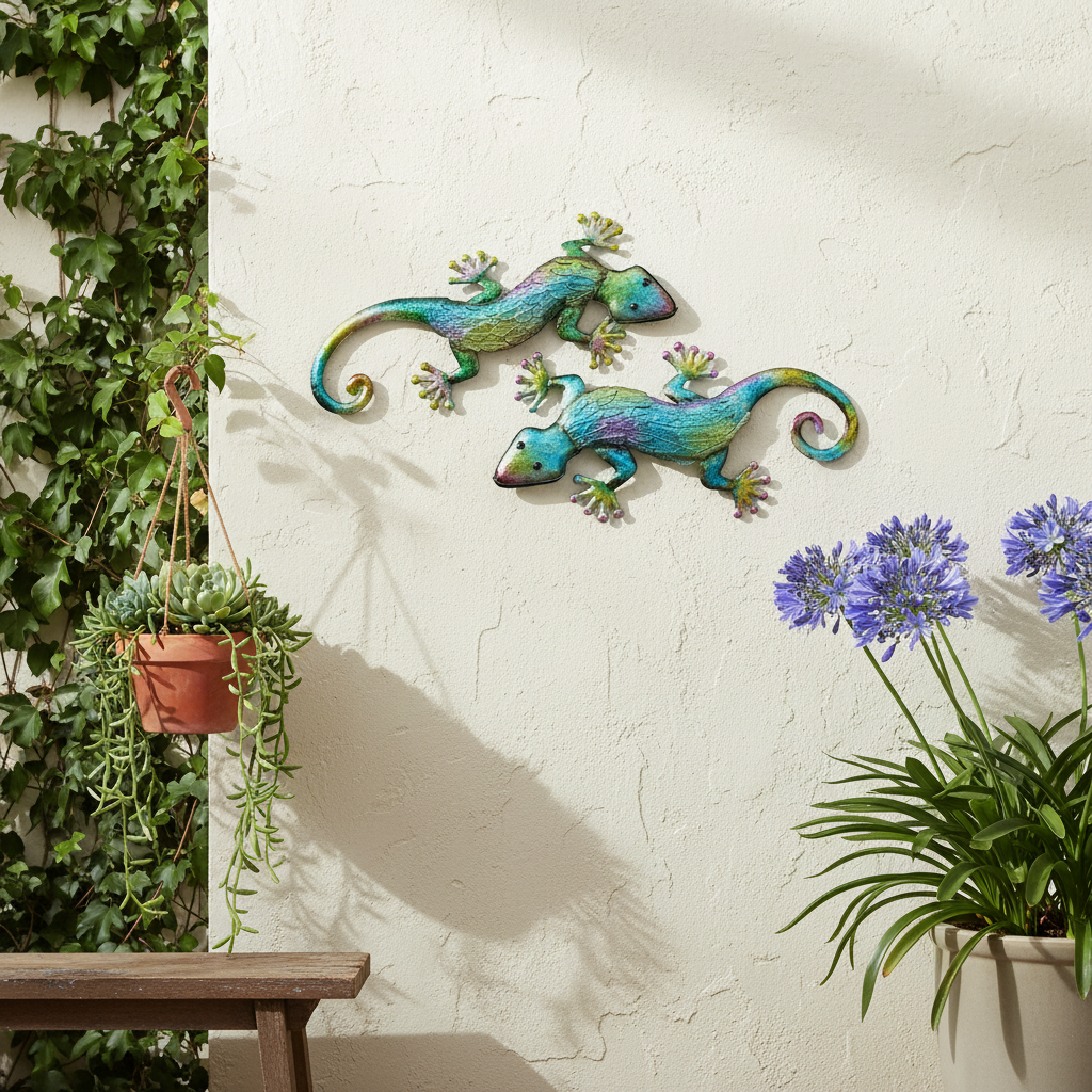 Multicolor Metal Gecko on Light Stucco Wall