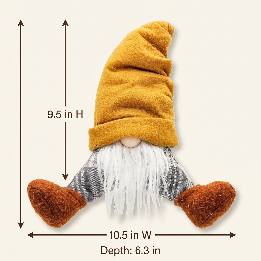 Mustard-hat gnome with measurements indicating 9.5 inches tall, 10.5 inches wide, and 6.3 inches deep.