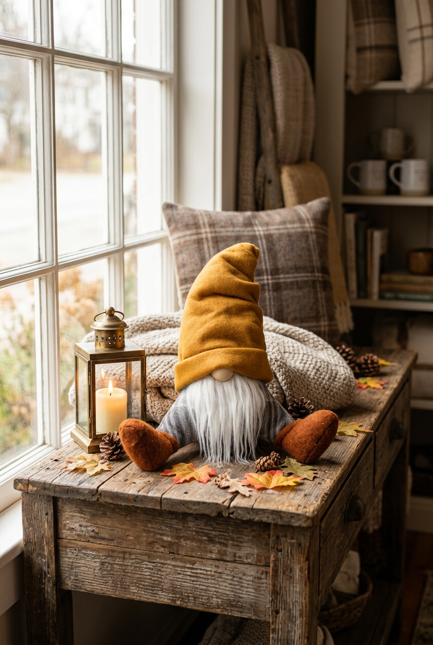 Seated mustard-hat gnome with a white beard, gray plaid legs, and rust-colored boots on a weathered wooden table beside a lantern and autumn accents.