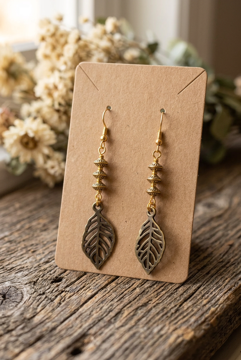 Handmade openwork leaf earrings with three decorative gold beads and gold hooks displayed on a kraft jewelry card