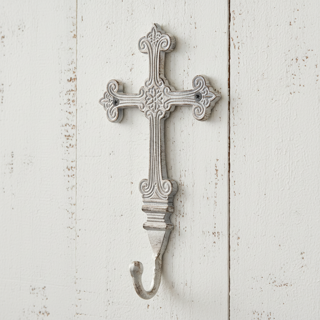 Ornate Cross Hook - Whitewashed Wood Background