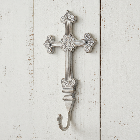 Ornate Cross Hook - Whitewashed Wood Background