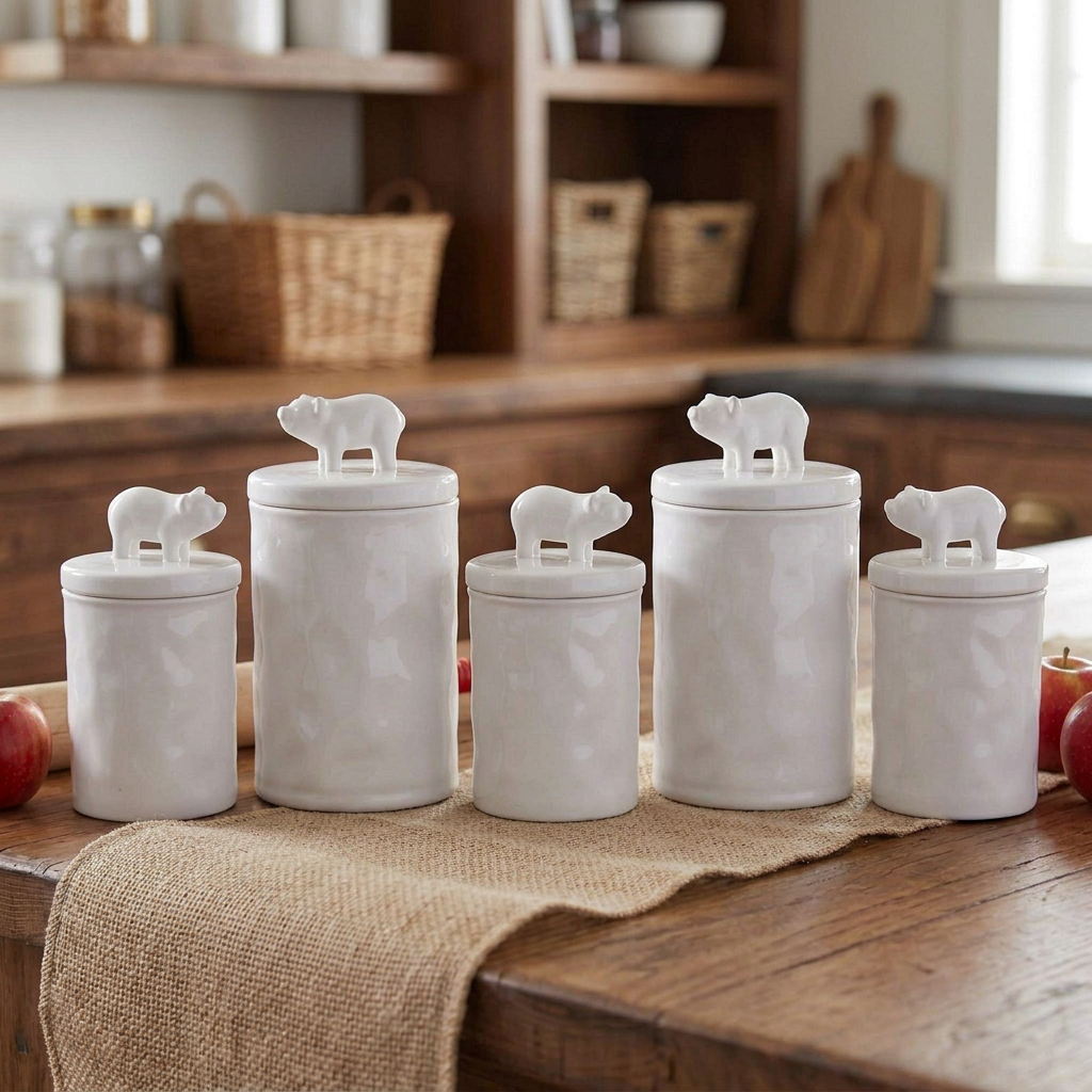 Three small and two large white ceramic Piglet Canisters grouped on a rustic pantry counter with burlap and red apples