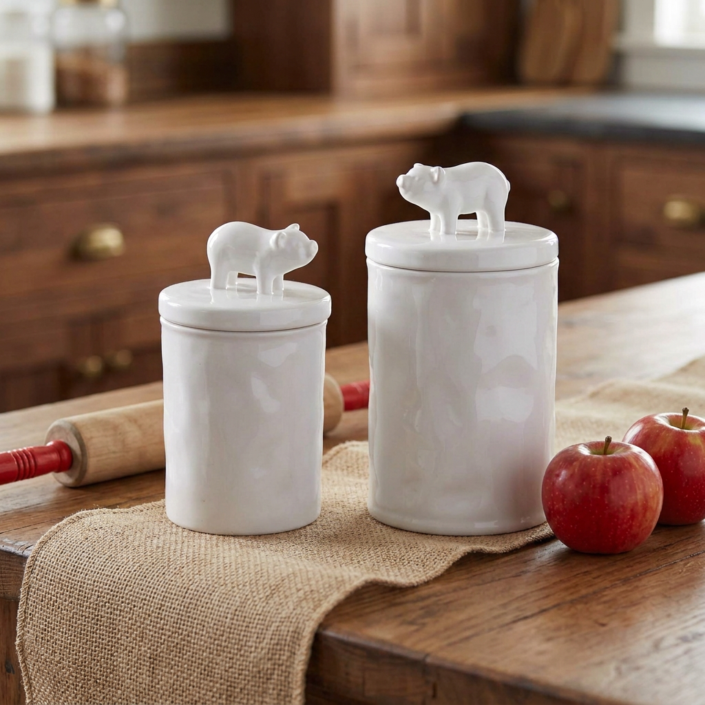 Small and large white ceramic Piglet Canisters on a rustic kitchen island with a burlap runner and red apples