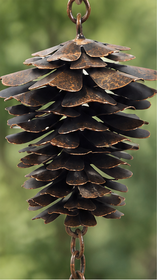 Close-up of the layered metal scales on a brown-bronze pine cone wind chime.