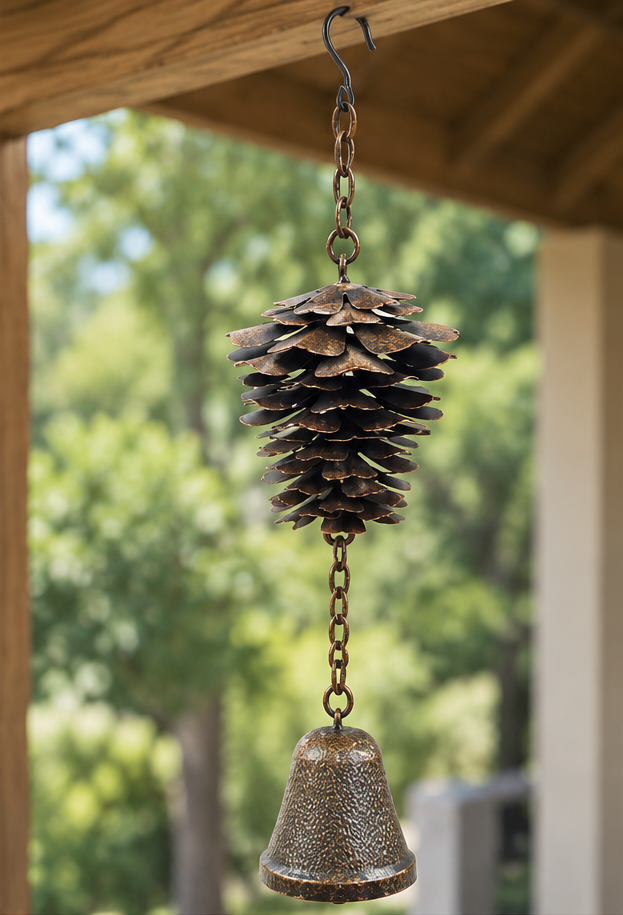 Brown-bronze pine cone wind chime with a hanging metal bell beneath a wooden porch roof.
