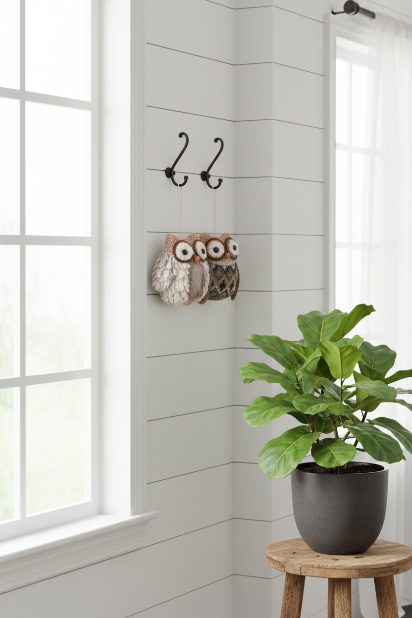 Plush Owl Ornaments - Wall Hooks with Plant