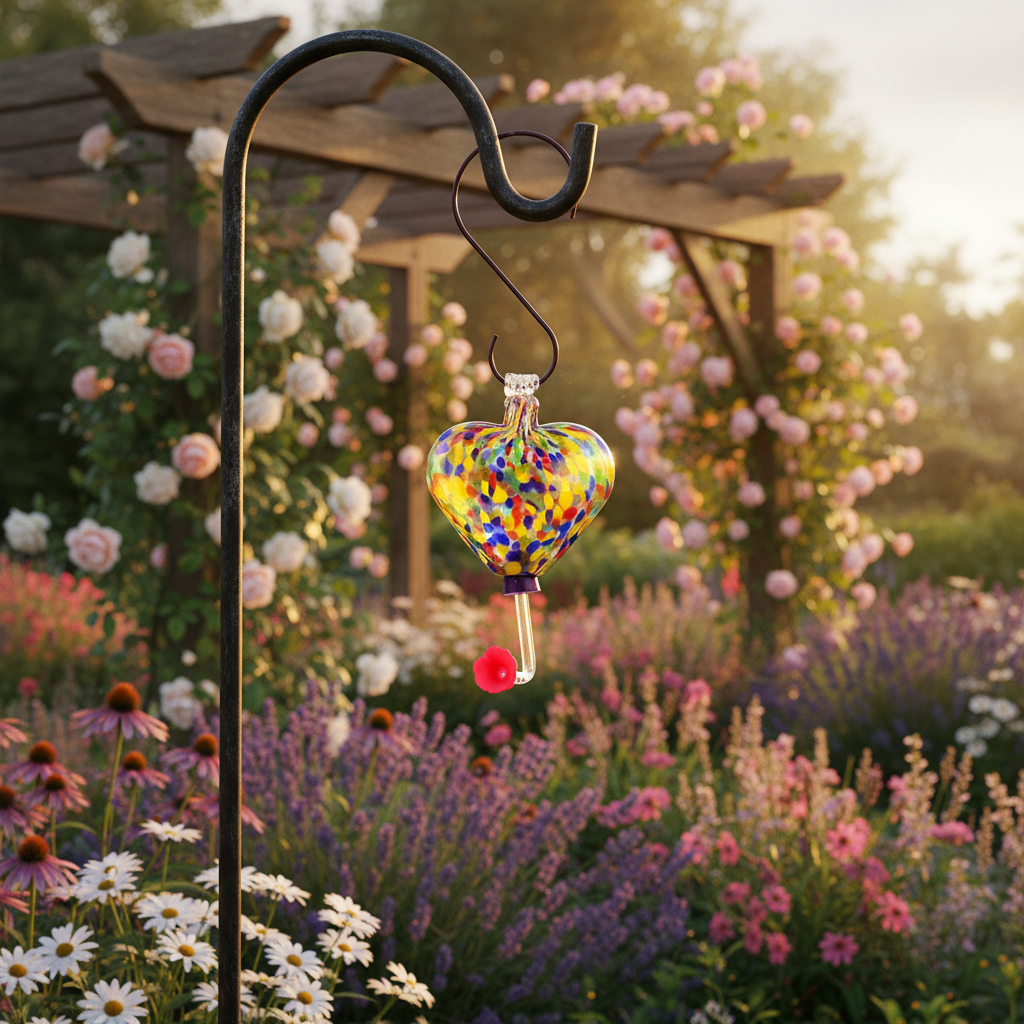 Rainbow confetti art glass heart hummingbird feeder in cottage garden with climbing roses and golden hour light