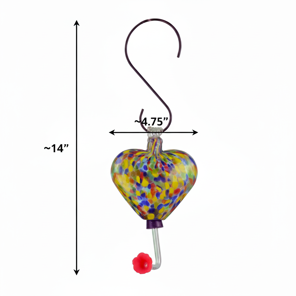 Rainbow glass heart hummingbird feeder dimension diagram showing 14 inches tall and 4.75 inches wide
