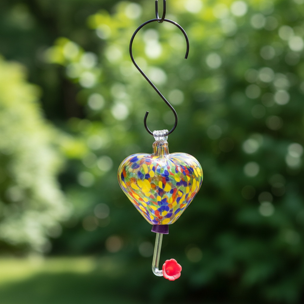 Hand-blown rainbow confetti art glass heart hummingbird feeder hanging outdoors with soft blurred garden background