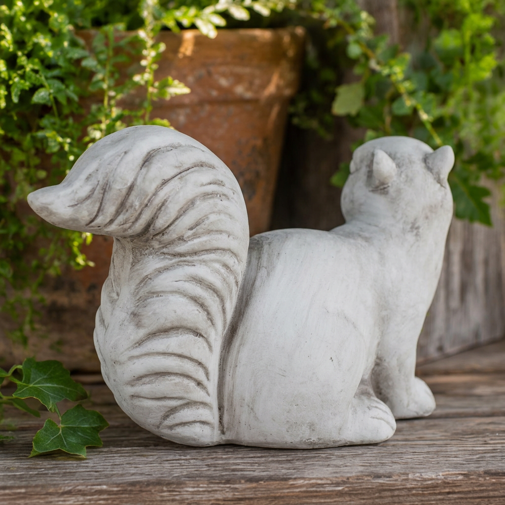 Rear view of a gray cement reclining squirrel statue with a sculpted bushy tail on rustic wood